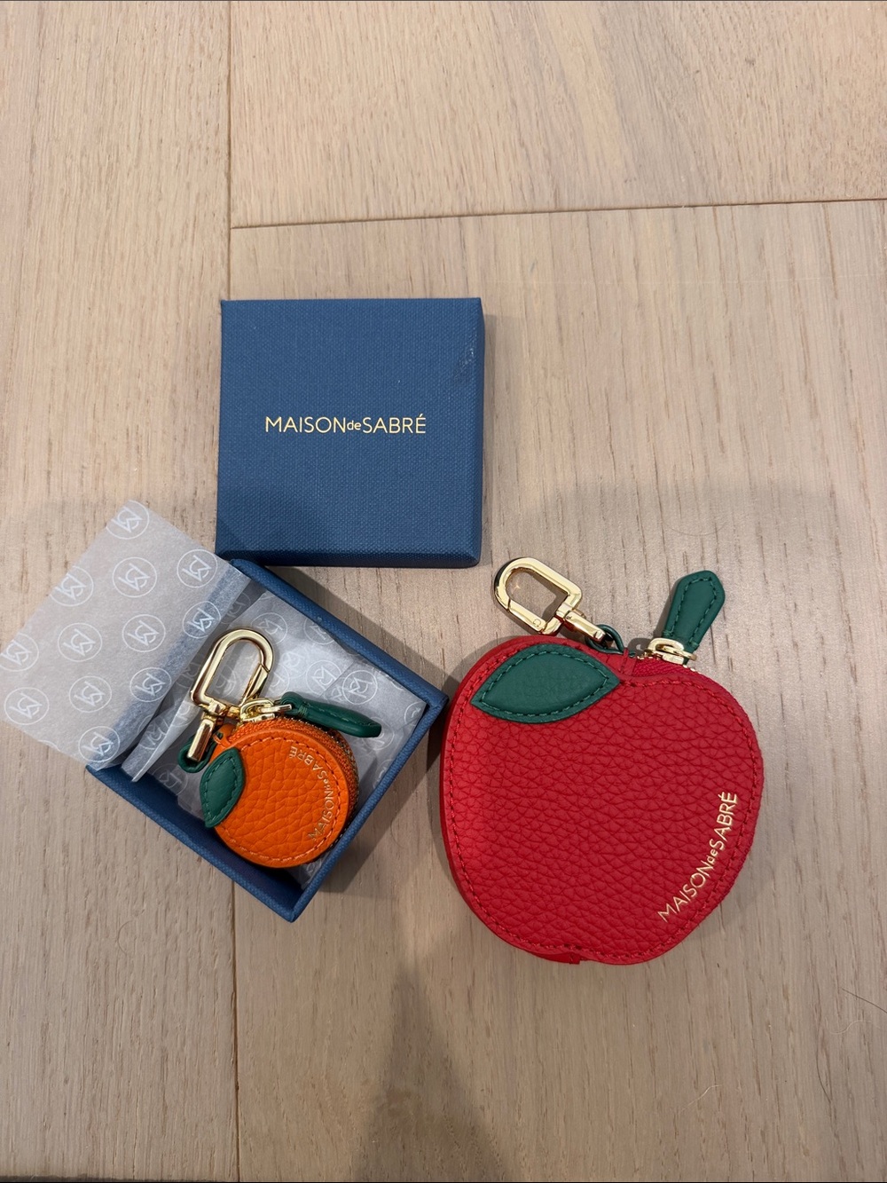 Maison De Sabre Red Apple and Orange Leather Keyring Pouch Bag Charms